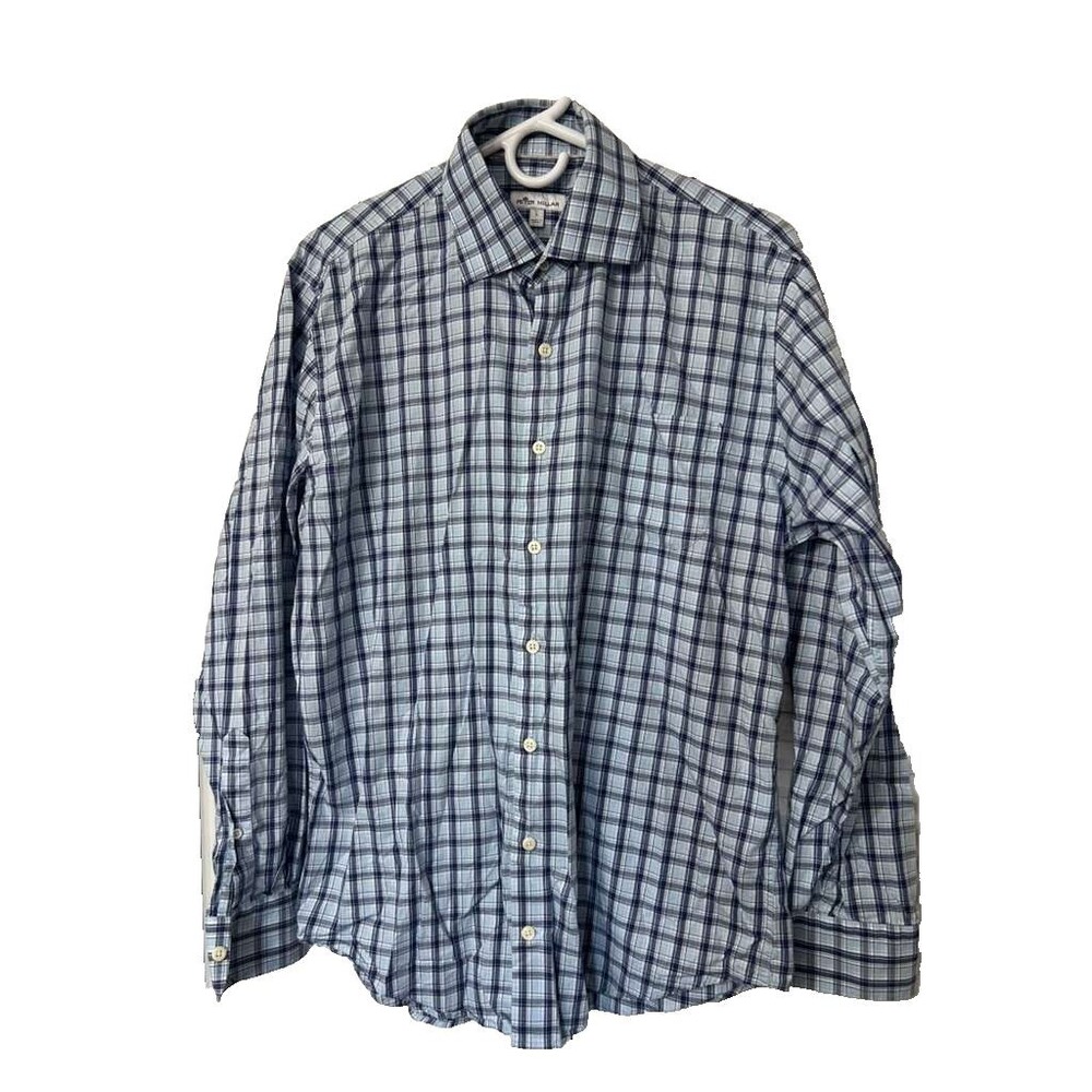 Peter Millar Button Up Shirt Men's Large Plaid Blue Long Sleeves Cotton